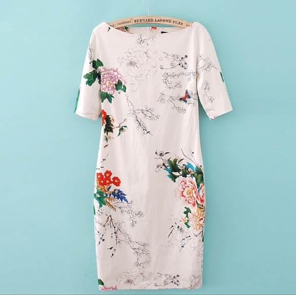 Zara Dresses & Skirts - Zara Floral Short Sleeve Shift Pencil Dress Size XS Cream